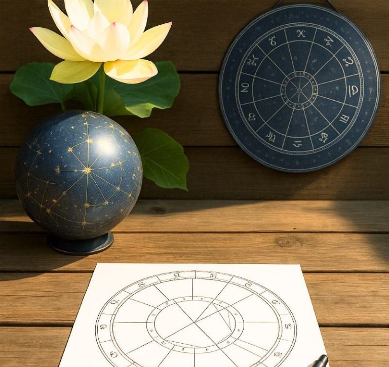 Een lotus, een globe, en een papieren horoscoop liggen op een houten tafel.