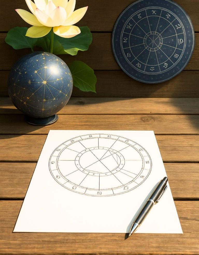 Een witte papier met een teken van een astrologische cirkel, een pen, een globe en een lotus.