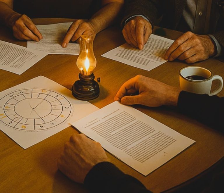 Een houten tafel met een brandend olielampje, studiebladen, een horoscoop en rustende handen van deelnemers.