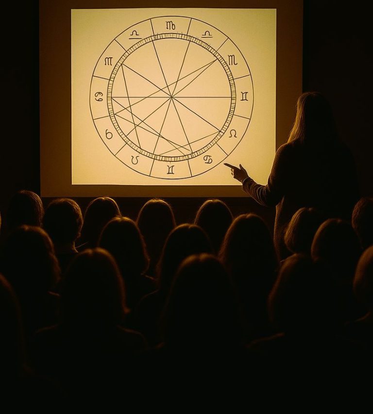 Een silhouet van een spreker aanwijzend naar een horoscoop op een scherm voor een publiek.