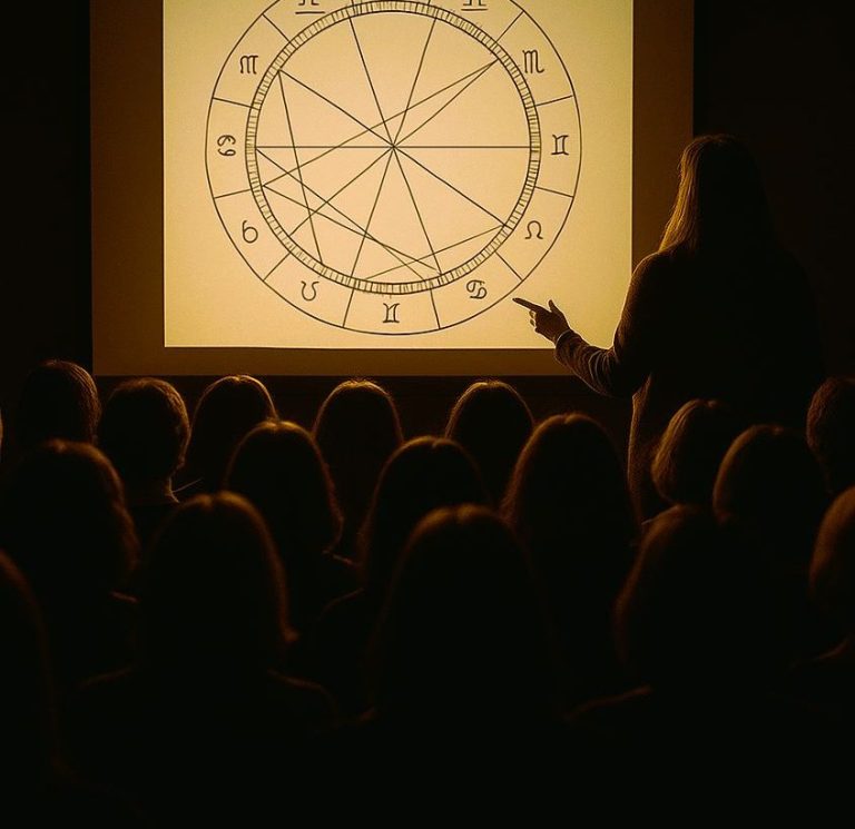 Een verduisterde zaal vol toehoorders kijkt naar een scherm waarop een horoscoop wordt getoond. 