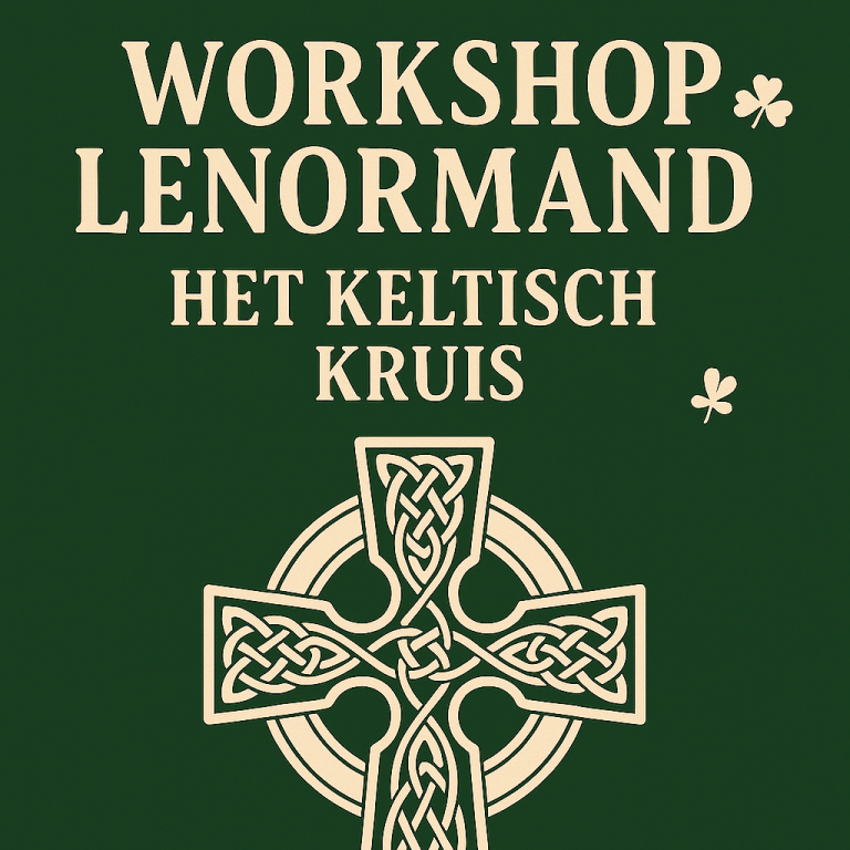 Workshop Lenormand over het Keltisch kruis, met een groene achtergrond en gouden tekst.